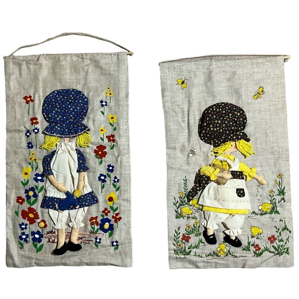 2 Vintage Rare Large Handmade Fablique 3 Dimensional Wall Hangings 1960-1970